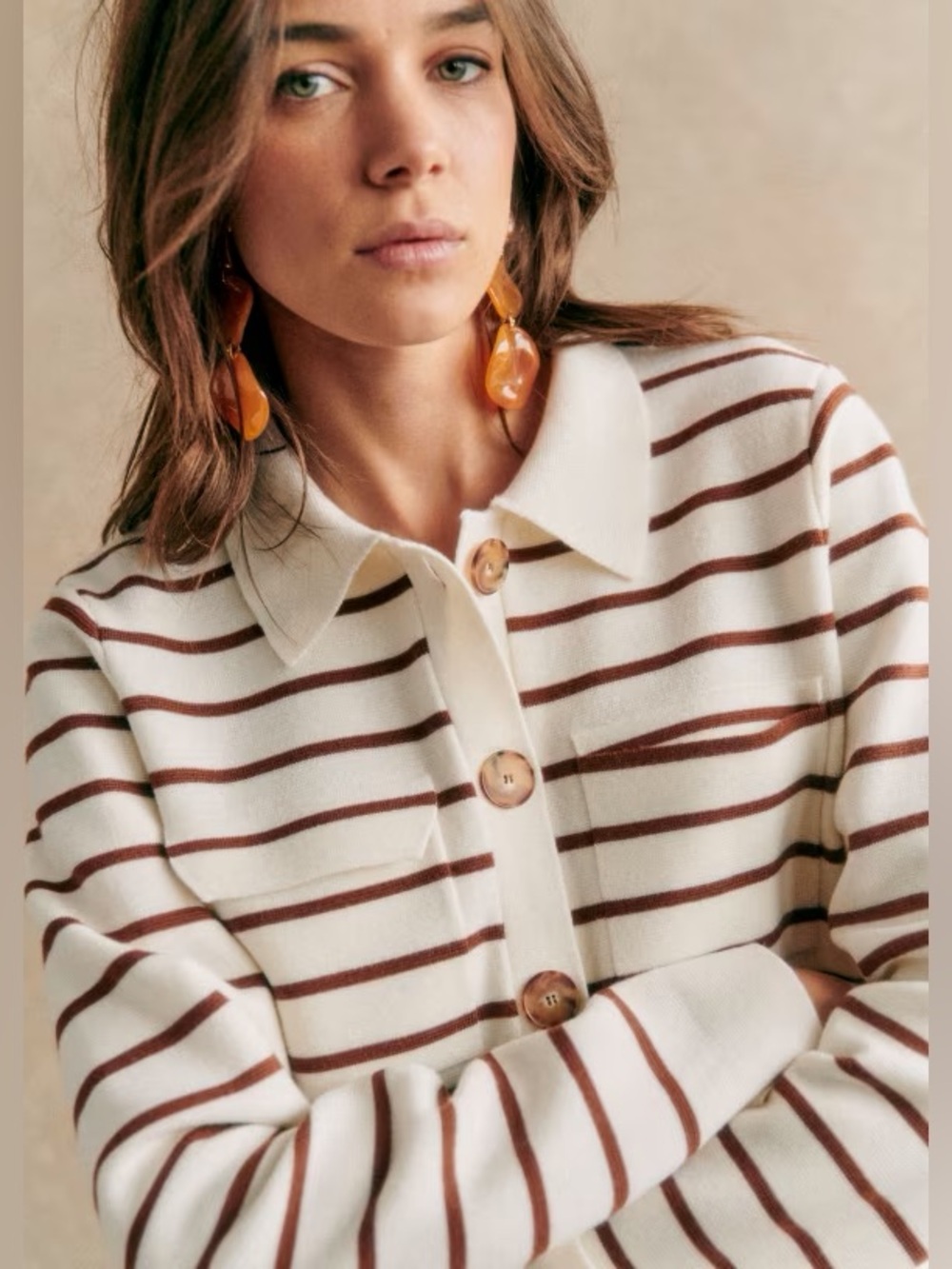 Sézane Betty Cardigan - Ecru & Camel Stripes - Picture 2 of 16